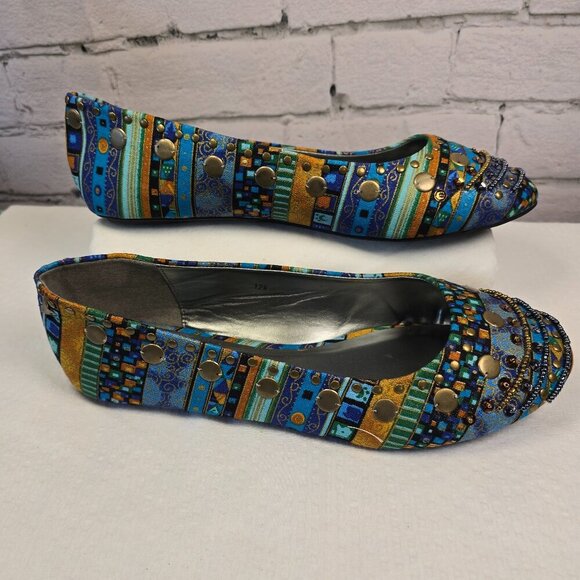 COREENA PRINT FLAT BY ASHRO PATTEREND WITH BEADS AND SEQUINS, NWOT WOMENS 12 - Picture 1 of 8